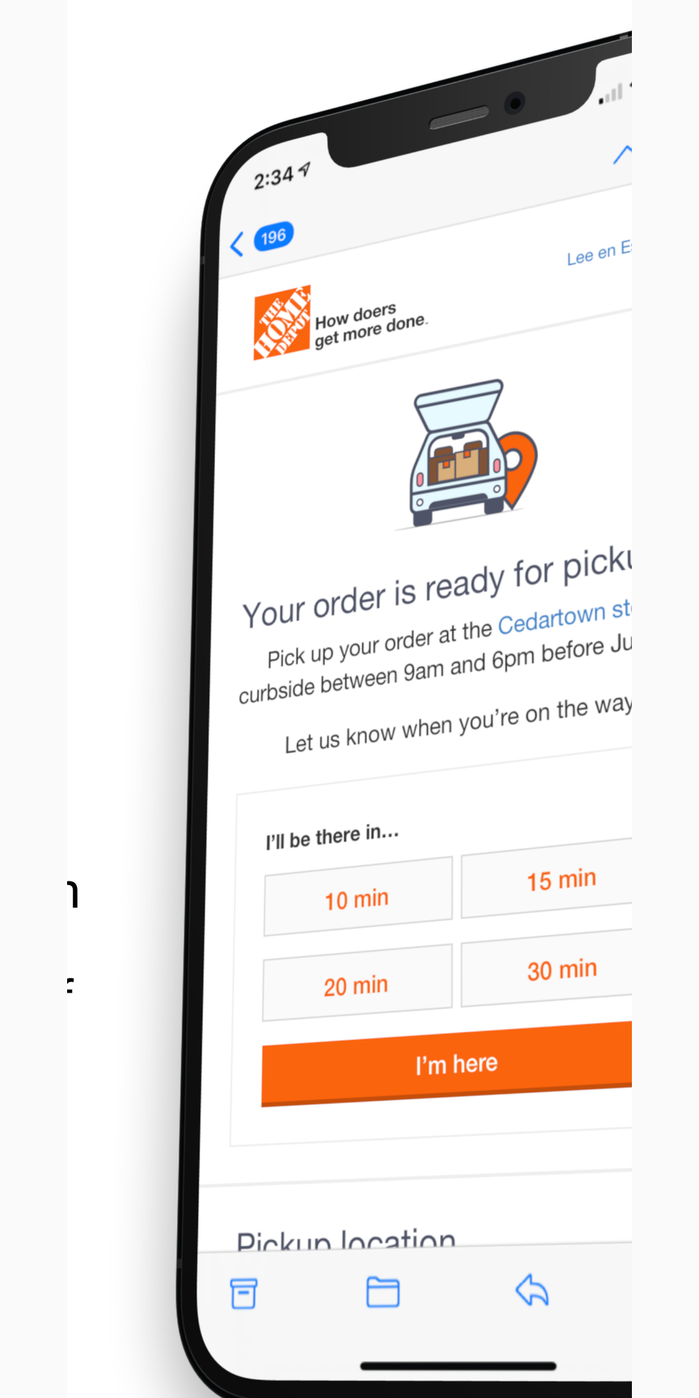 Ready-for-pickup mobile message with ETA choices of 10, 15, 20, and 30 minutes and an I’m here button