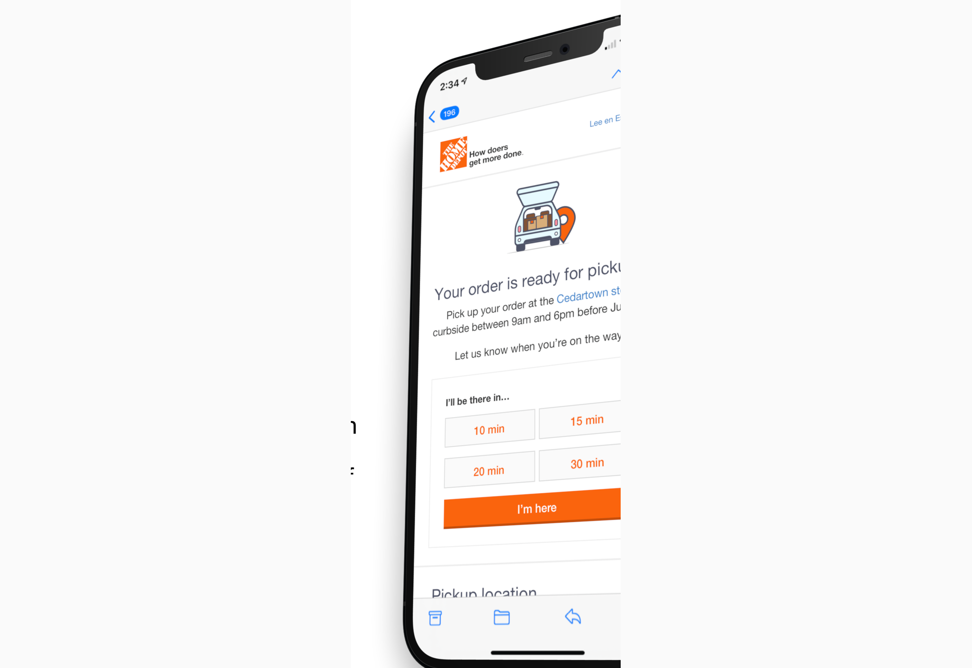 Mobile ready-for-pickup email with I’ll be there in time choices and an I’m here button
