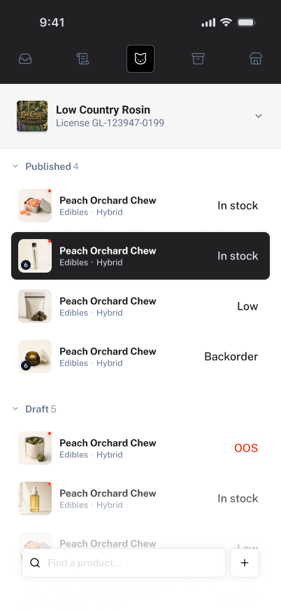 Figma mobile catalog exploration with Published and Draft groups, product rows, stock states, search, and an add control