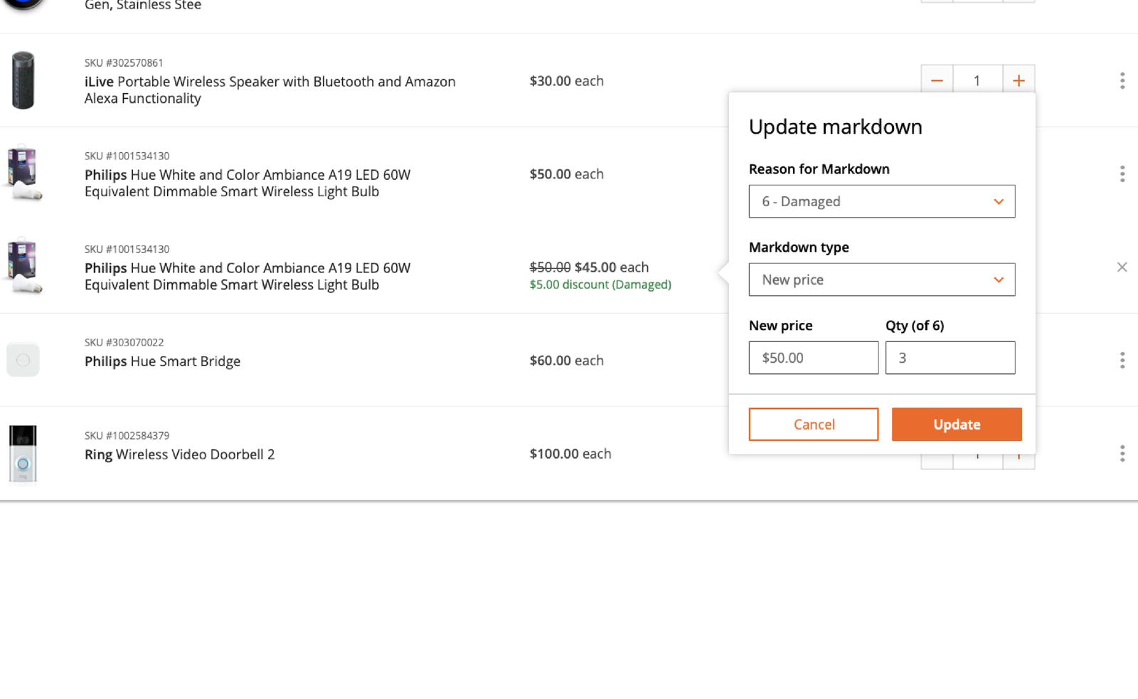 Update markdown fly-out and a cart row showing a struck-through price with a damaged discount line